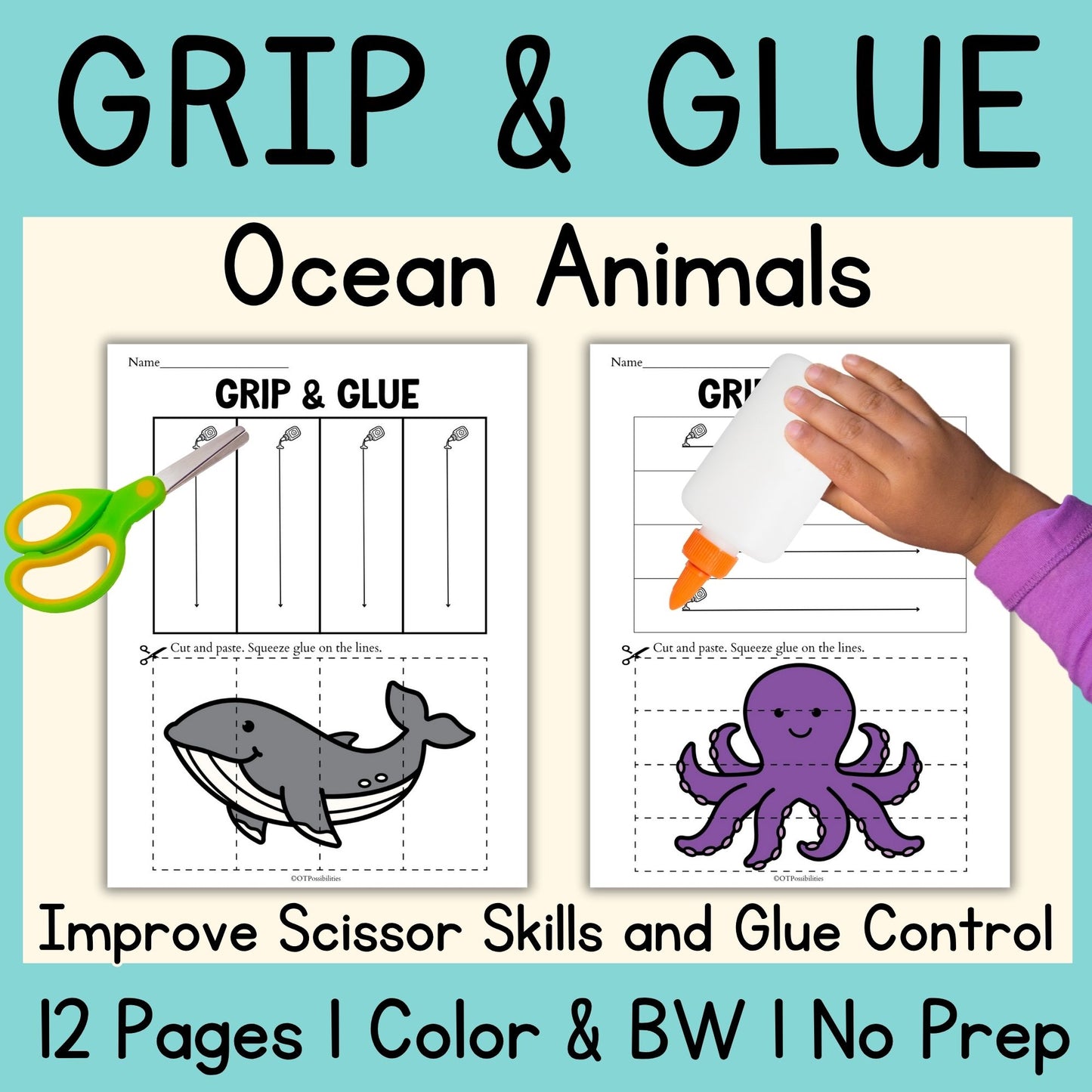 Ocean Animals Grip and Glue Worksheets